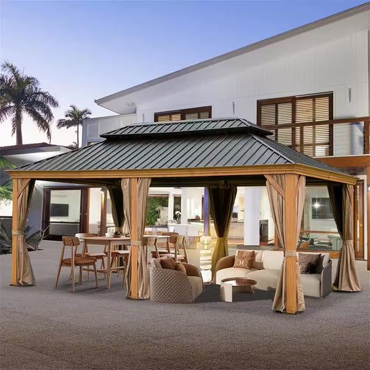Outdoor Aluminum Frame Wood Grain Patio Gazebo Canopy Tent Shelter with Galvanized Steel Hardtop