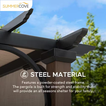 Neuralia Steel Pergola with Natural Wood Looking Finish and Adjustable Tan Shade
